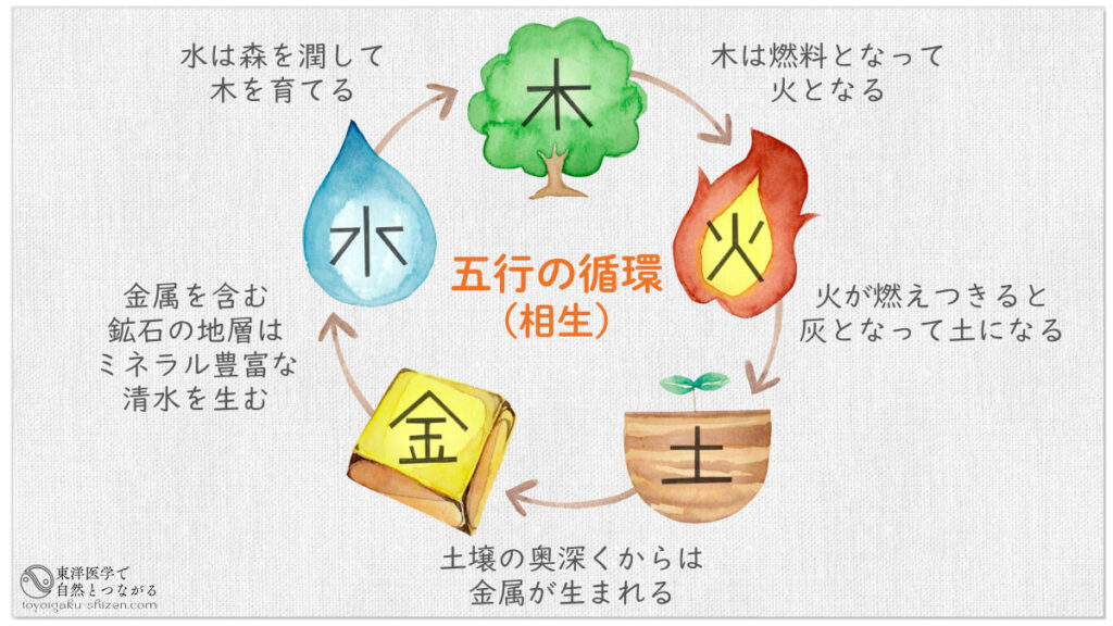 五行（ごぎょう）の循環の図。相生（そうせい）の説明図