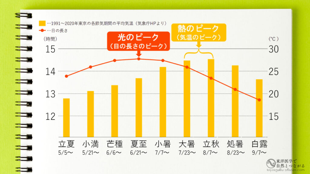 夏至前後の光のピークと熱(気温)のピークのズレを示したグラフ