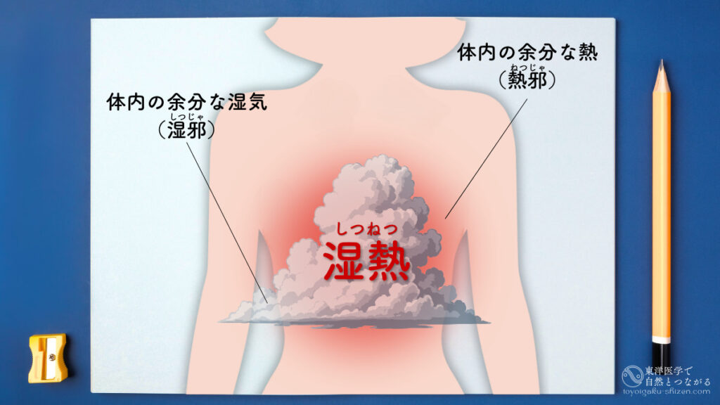 東洋医学の「湿熱（しつねつ）」のイメージ図。体内の湿邪と熱邪が結びついたものが湿熱となる