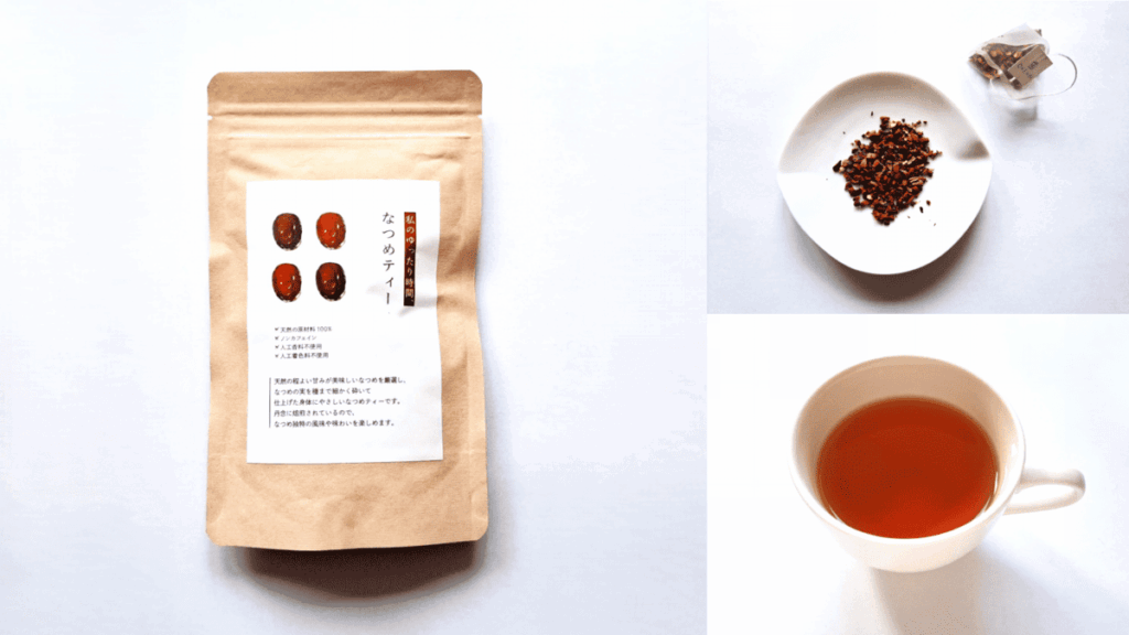 OKENBI 「私のゆったり時間、なつめティー」のパッケージ、茶葉、カップに淹れたお茶の写真