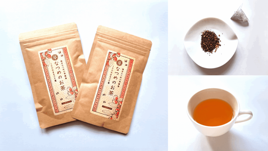 シーロード 「なつめのお茶」のパッケージ、茶葉、カップに淹れたお茶の写真