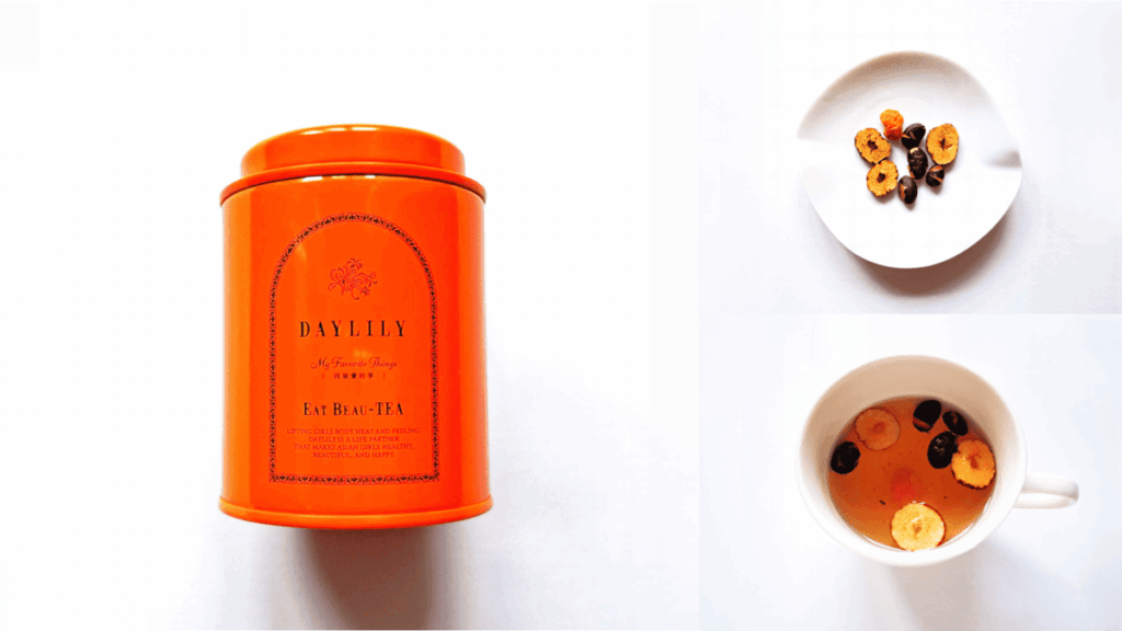 DAYLILY「EAT BEAU-TEA ~ My Favorite Things ~」のパッケージ、茶葉、カップに淹れたお茶の写真