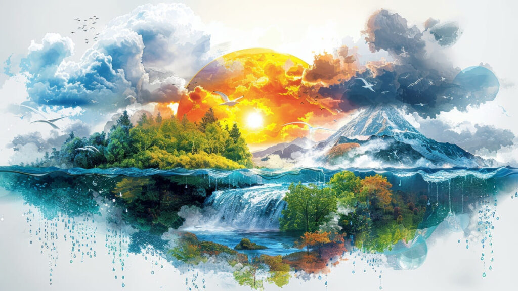 山と海とを水がめぐる自然界の水循環のイメージイラスト