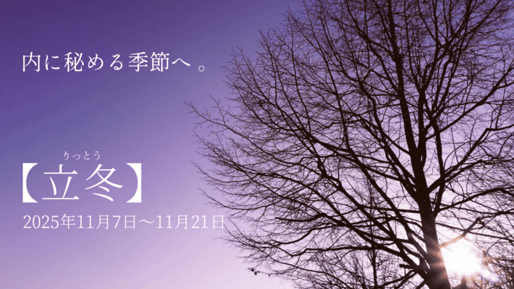 紫色の冬空を背景に、葉をすっかり落とした木のシルエットが浮かび上がる