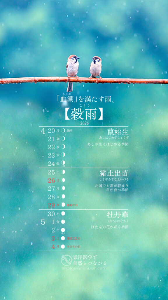 「東洋医学で自然とつながる」オリジナルの穀雨カレンダー壁紙（スマホ用）